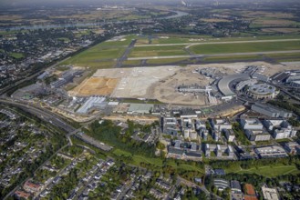 Aerial view, Düsseldorf Airport with construction site in the Lohausen district of Düsseldorf,