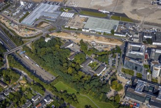 Aerial view, Federal Police Airport Road and construction site in the Unterrath district of