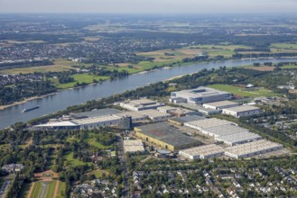 Aerial view, At the river Rhine the fair Düsseldorf with the Bundesliga stadium MERKUR SPIEL-ARENA