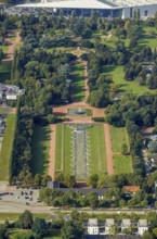 Aerial view, fountain in the Nordpark in the Stockum district of Düsseldorf, Rhineland, North