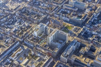 Aerial view, office buildings and commercial buildings Friedrichstraße with the catholic church St.