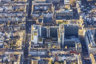 Aerial view, office buildings and commercial buildings Friedrichstraße with the catholic church St.