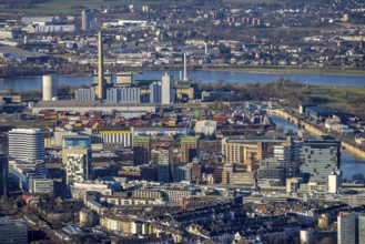 Aerial view, Medienhafen with the Lausward power plant in the harbour district of Düsseldorf,