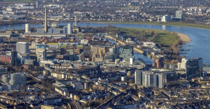 Aerial view, Medienhafen with the Lausward power plant in the harbour district of Düsseldorf,