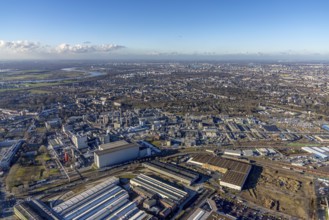 Aerial view, factory premises of Henkel AG in the Holthausen district of Düsseldorf, Rhineland,