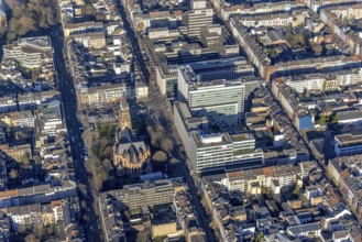 Aerial view, office buildings and commercial buildings Friedrichstraße with the catholic church St.