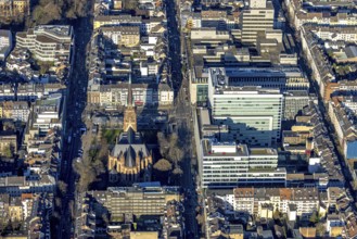 Aerial view, office buildings and commercial buildings Friedrichstraße with the catholic church St.