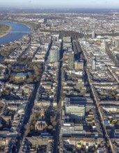 Aerial view, office buildings and commercial buildings Friedrichstraße with the catholic church St.