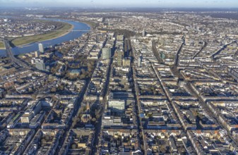 Aerial view, office buildings and commercial buildings Friedrichstraße with the catholic church St.