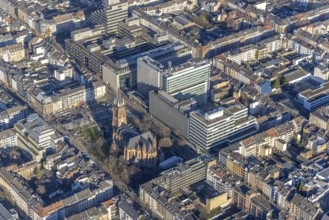 Aerial view, office buildings and commercial buildings Friedrichstraße with the catholic church St.