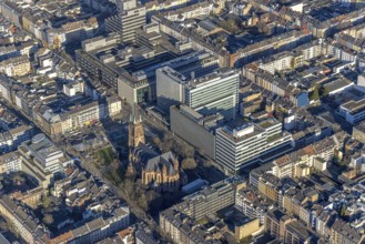 Aerial view, office buildings and commercial buildings Friedrichstraße with the catholic church St.