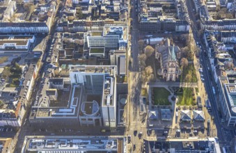 Aerial view, office buildings and commercial buildings Friedrichstraße with the catholic church St.