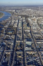 Aerial view, office buildings and commercial buildings Friedrichstraße with the catholic church St.