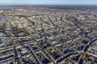 Aerial view, office buildings and commercial buildings Friedrichstraße with the catholic church St.