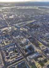 Aerial view, office buildings and commercial buildings Friedrichstraße with the catholic church St.