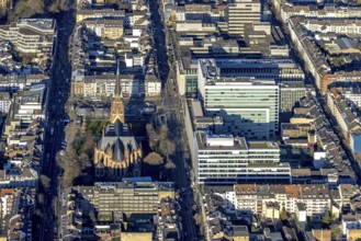 Aerial view, office buildings and commercial buildings Friedrichstraße with the catholic church St.