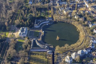 Aerial view, Benrath Castle with castle pond in the Benrath district of Düsseldorf, Rhineland,