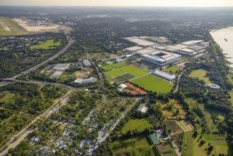 Aerial view, Caravan Center Campsite at the fairground and Messe Düsseldorf with the Bundesliga