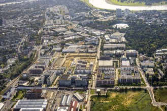 Aerial view, construction site at the VIERZIG549 residential complex and Hansapark Düsseldorf in
