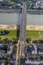 Aerial view, Oberkasseler Brücke over the river Rhine and Tonhalle in the district Altstadt in
