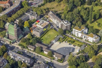 Aerial view, Auferstehungskirche, evang. Kindergarten Wettiner Straße as well as fire station 2