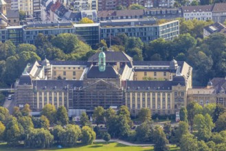 Aerial view, Düsseldorf district government with renovation work on the facade in the Pempelfort