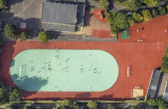 Aerial view, sports activities on the sports field at the Japanese International School in the
