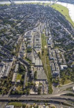 Aerial view, new development area Quartier Belsenpark and new office complex in the Oberkassel