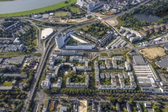 Aerial view, Vodafone Campus and Prinzenpark in the district Heerdt in Düsseldorf, Rhineland, North
