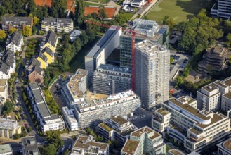 Aerial view, construction site at the Seestern Quartier with new construction of a high-rise