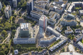 Aerial view, construction site at the Seestern Quartier with new construction of a high-rise