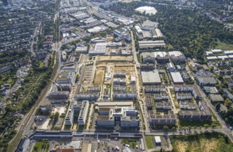 Aerial view, construction site at the VIERZIG549 residential complex and Hansapark Düsseldorf in