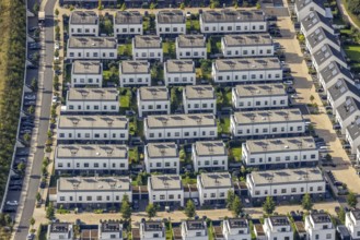 Aerial view, terraced houses single-family houses residential quarter Unter der Mühle in the