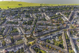 Aerial view, residential area Luegallee with Belsenplatz and Barbarossaplatz in the district