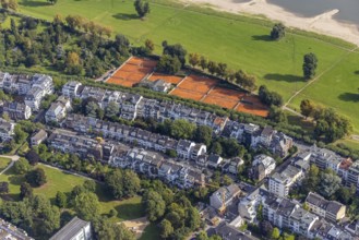 Aerial view, residential complex and tennis courts Tennis-Club Düsseldorf Grün-Weiß at