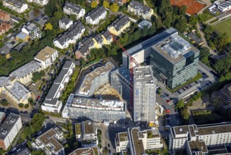 Aerial view, construction site at the Seestern Quartier with new construction of a high-rise