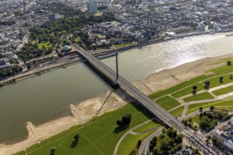 Aerial view, Oberkasseler Brücke over the river Rhine and Tonhalle in the district Altstadt in