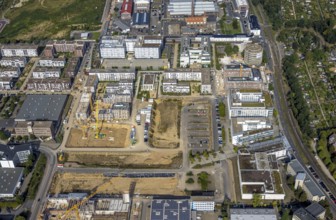 Aerial view, construction site at the VIERZIG549 residential complex in the Büderich district of