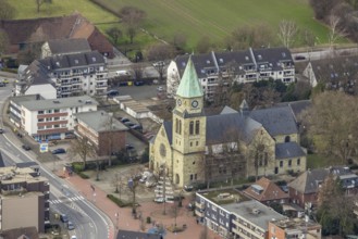 Aerial view, St. Johannes Church Kirchhellen, Hans Büning Platz, Bottrop-Kirchhellen, Ruhr area,