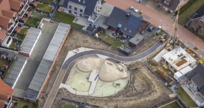 Aerial view, construction site for children's playground, residential area Tappenhof, Hellenstraße