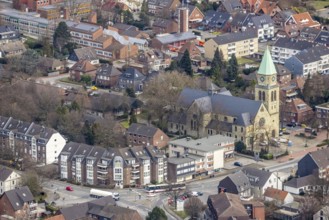 Aerial view, St. Johannes Church Kirchhellen, Hans Büning Platz, Bottrop-Kirchhellen, Ruhr area,