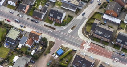 Aerial view, residential area shopping street construction site Schneiderstraße, new pedestrian