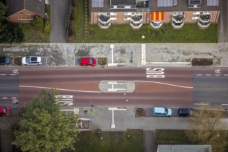 Aerial view, residential area shopping street construction site Schneiderstraße, new pedestrian