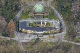 Aerial view, mourning hall, park cemetery, Bottrop, Ruhr area, North Rhine-Westphalia, Germany,