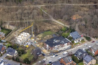 Aerial view, construction site kindergarten at Horsthofstraße, Bottrop-Kirchhellen, Ruhr area,