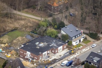 Aerial view, construction site kindergarten at Horsthofstraße, Bottrop-Kirchhellen, Ruhr area,