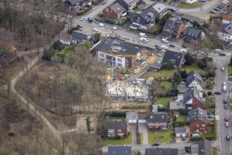 Aerial view, construction site kindergarten at Horsthofstraße, Bottrop-Kirchhellen, Ruhr area,