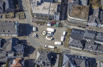 Aerial view, market place with fountain, gastronomy at the market place with half-timbered houses,