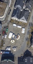Aerial view, market place with fountain, gastronomy at the market place with half-timbered houses,