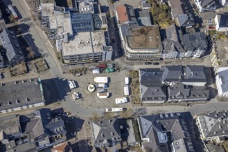 Aerial view, market place with fountain, gastronomy at the market place with half-timbered houses,